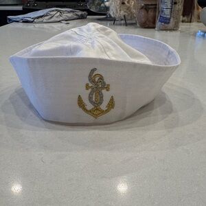 Nautical White Hat with Gold Anchor Embroidery
